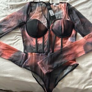 Mesh Long Sleeve Bodysuit - Black and Pink